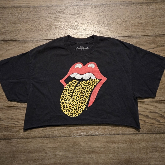 The Rolling Stones Black Cropped Band Tee Animal Print Tongue Size Large - Picture 2 of 6